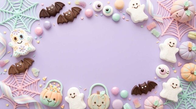 Cute pastel Halloween treats border with ghosts and pumpkins on purple background with copyspace