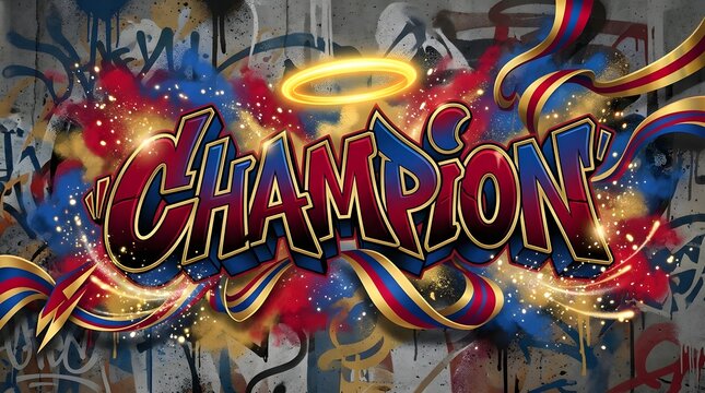 Bold Champion graffiti lettering featuring a glowing halo above the word, with colorful paint effects, dramatic lighting, and energetic urban styling.