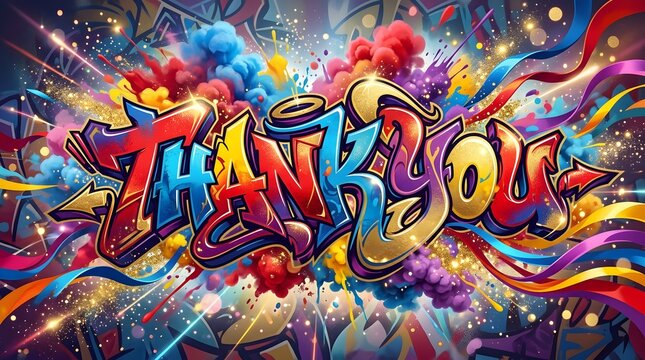 Vibrant Thank You graffiti lettering decorated with colorful paint splashes, abstract shapes, and energetic street-art effects on a bright urban background.