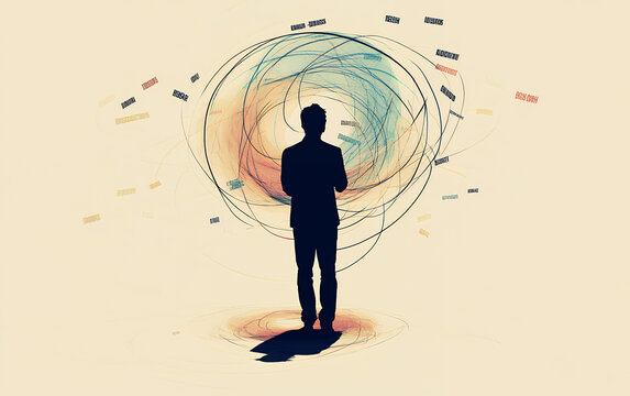 A silhouette of a person surrounded by a swirling cloud of thoughts, symbolizing creativity and ideas