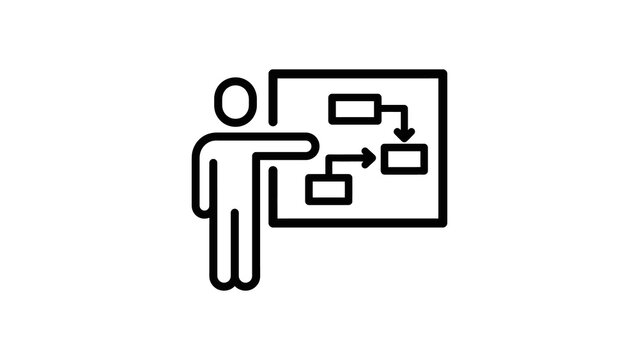 Person explaining workflow diagram black outline icon for business plans.