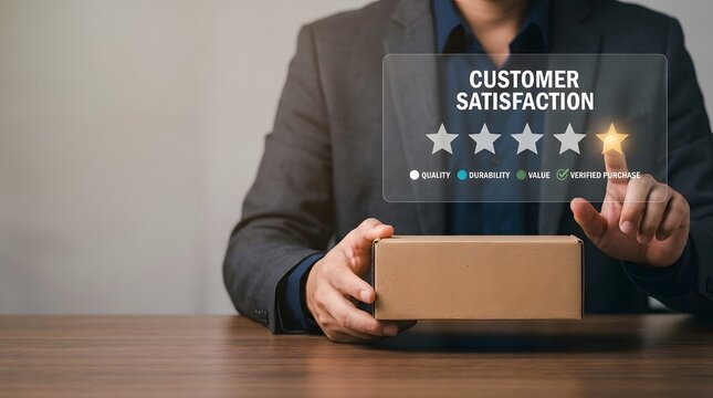 Businesswoman analyzing customer satisfaction data with digital rating interface overlay