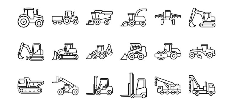 Set of black outline icons representing various agricultural and construction machinery including tractors, excavators, loaders, forklifts and cranes on transparent background