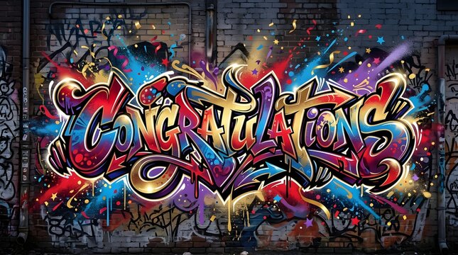 Colorful Congratulations graffiti lettering with bold metallic-style outlines and vibrant paint splashes, creating an energetic celebration-themed urban artwork.