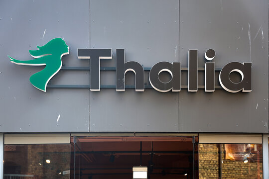 Flensburg, Germany - 17. August 2026: Thalia bookstore sign displaying company logo on building