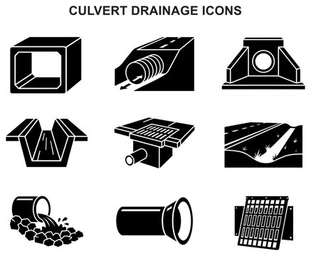 culvert drainage icons pipe storm sewer infrastructure civil engineering water ditch flow symbol vector set glyph black silhouette