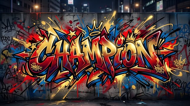 Dynamic graffiti artwork featuring the word Champion in fiery red, orange, blue, and gold tones, surrounded by energetic urban paint effects.