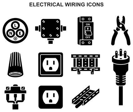 electrical wiring icons cable wire socket plug power connector electrician outlet energy symbol vector set glyph black silhouette