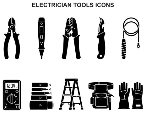 electrician tools icons multimeter pliers screwdriver tester equipment repair hardware maintenance instrument symbol vector set glyph black silhouette