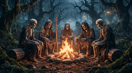 Fototapeta premium Esqueletos encapuchados reunidos alrededor de una hoguera en un bosque oscuro durante Halloween, con calabazas iluminadas y una atmósfera misteriosa y sobrenatural.