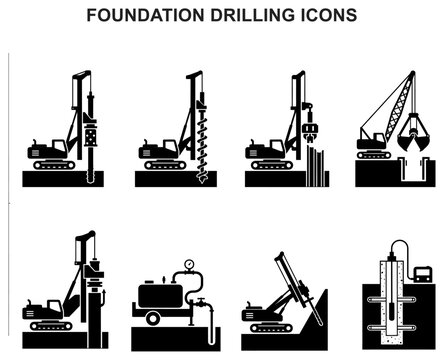 foundation drilling icons piling rig borehole construction geotechnical auger heavy machinery soil symbol vector set glyph black silhouette