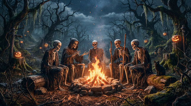 Esqueletos encapuchados reunidos alrededor de una hoguera en un bosque oscuro durante Halloween, con calabazas iluminadas y una atm&oacute;sfera misteriosa y sobrenatural.