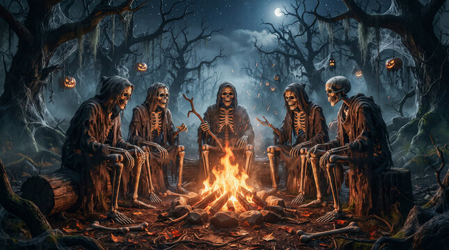 Esqueletos encapuchados reunidos alrededor de una hoguera en un bosque oscuro durante Halloween, con calabazas iluminadas y una atm&oacute;sfera misteriosa y sobrenatural.