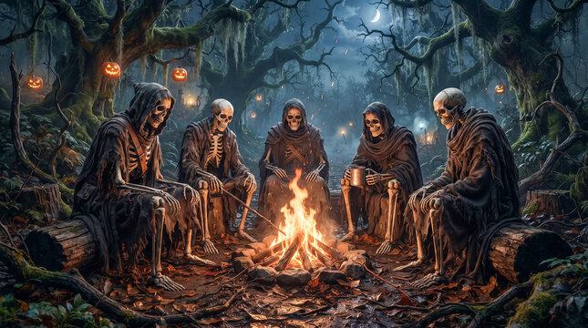 Esqueletos encapuchados reunidos alrededor de una hoguera en un bosque oscuro durante Halloween, con calabazas iluminadas y una atm&oacute;sfera misteriosa y sobrenatural.