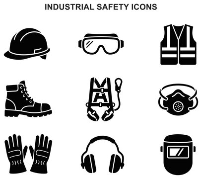 safety ppe icons helmet hardhat vest boots glasses protection industrial worker gear symbol vector set glyph black silhouette