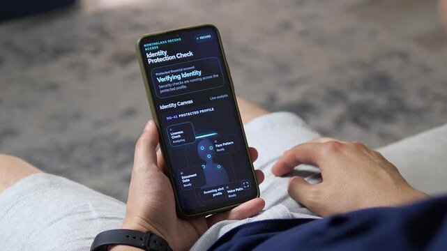 Mobile identity verification scans liveness, face, document and voice signals to confirm a protected profile, reflecting secure digital banking and modern fraud prevention.