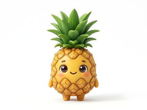 Adorable 3D render of a cute cartoon pineapple character. Golden yellow pineapple with detailed diamond-shaped textured skin, and a crown of fresh green spiky leaves on top. It has big sparkling brown