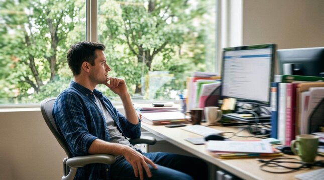 A focused professional man working on his computer in a bright home office setting.