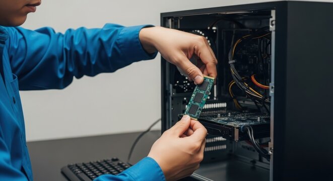 A faceless engineer skillfully installs a computer hardware component, upgrading technology and system performance