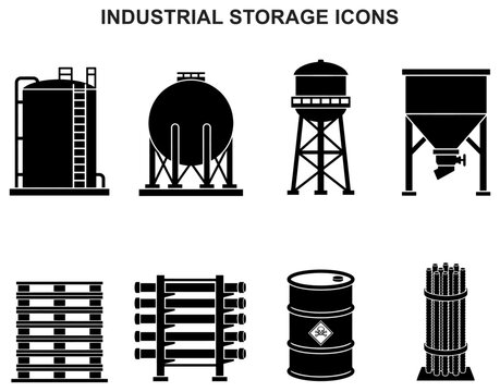 storage tank icons silo industrial oil gas container warehouse reservoir bulk vessel symbol vector set glyph black silhouette