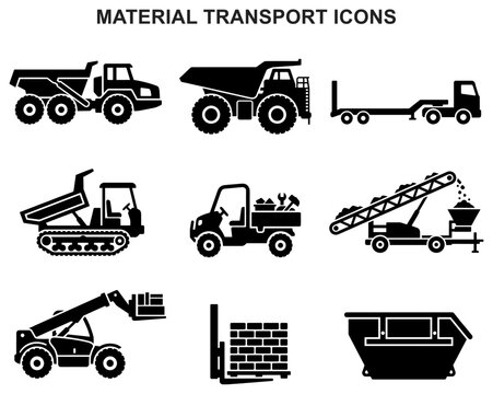 transport machinery icons dumptruck forklift cargo logistics haulage freight construction vehicle truck symbol vector set glyph black silhouette