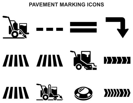 pavement marking icons road lane crosswalk traffic arrow striping zebra street highway symbol vector set glyph black silhouette