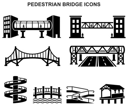 pedestrian bridge icons footbridge overpass walkway skywalk crossing urban architecture infrastructure city symbol vector set glyph black silhouette