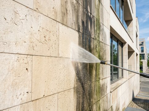 Pressure washing a stone building exterior removing moss and grime during a bright sunny day