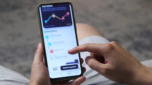 Person explores a mobile learning course on data storytelling, reviewing lesson pathways, quiz results and skill progress through an interactive education dashboard.