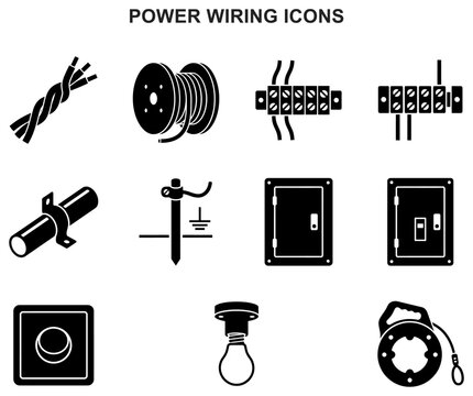 wiring power icons cable wire conduit electric terminal connector electrician installation energy symbol vector set glyph black silhouette