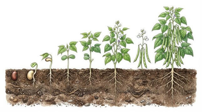 A detailed illustration depicts the growth stages of a bean plant.