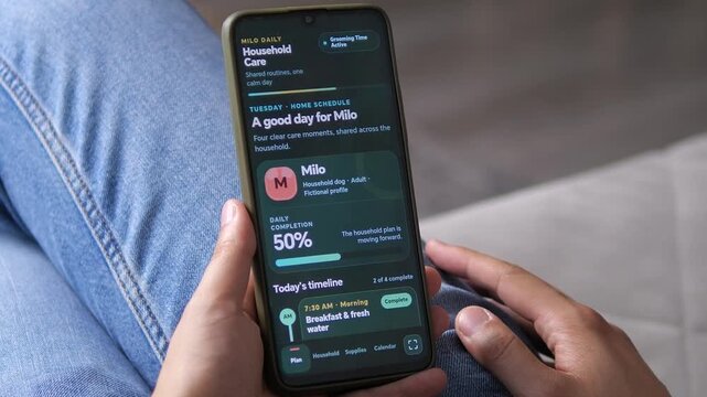 Smartphone pet care dashboard tracks a dogs daily routine, feeding, grooming and household tasks, reflecting the growth of digital pet wellness and shared family care.