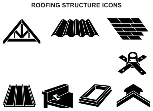 roofing structure icons roof truss rafter tile shingle gutter construction carpentry house symbol vector set glyph black silhouette