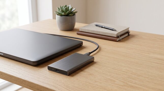 Modern laptop connected to external hard drive
