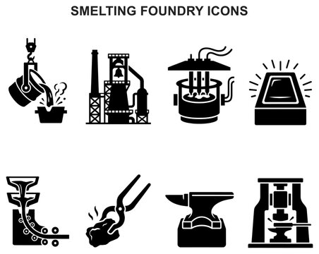 smelting foundry icons furnace metal casting metallurgy crucible molten steel iron forge symbol vector set glyph black silhouette