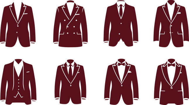Collection of stylish mens formal suits and tuxedos illustrated in elegant burgundy vector line art style