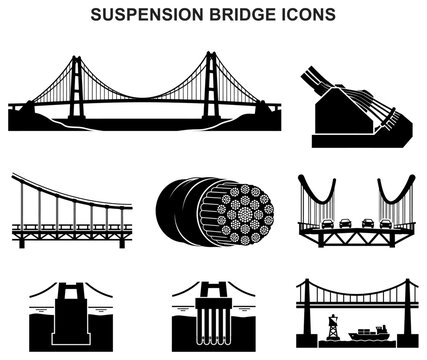 suspension bridge icons cable tower crossing overpass architecture transportation engineering infrastructure roadway symbol vector set glyph black silhouette