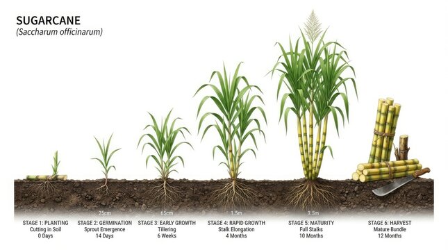 The image illustrates the growth stages of sugarcane (Saccharum officinarum).