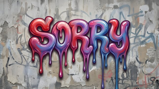 Pink and purple graffiti lettering spelling Sorry on a textured wall, featuring dripping paint, bold outlines, and a playful contemporary street-art style.