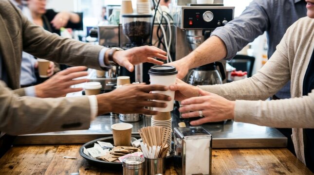 Barista serving a customer a fresh cup of coffee at a busy cafe counter.