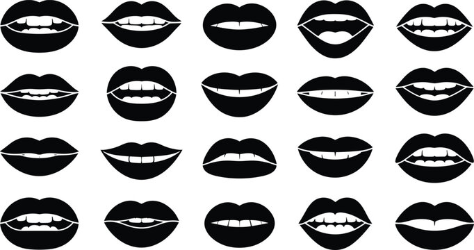 Set of black lips silhouettes with different mouth expressions and teeth shapes for animation and graphic design