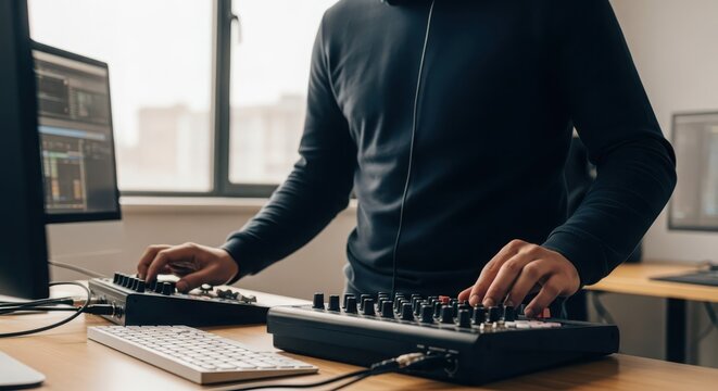 Faceless music producer skillfully operating audio equipment and synthesizers at a desk for live performance or production