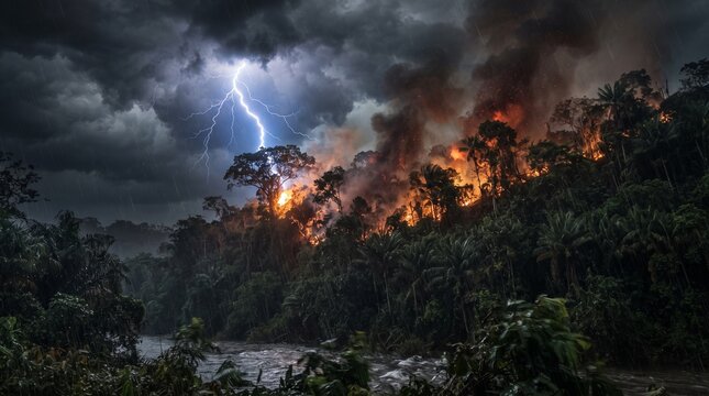 Lightning strike igniting a tropical rainforest wildfire during a severe storm
