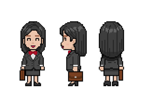 Pixel art illustration of a smiling happy business woman
