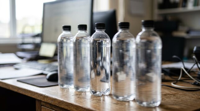 Five transparent plastic water bottles standing in a row on an office desk.