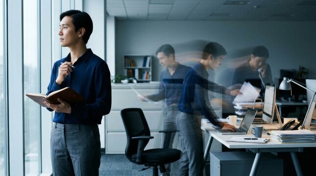 Focused businesswoman standing in modern office with blurred motion colleagues.