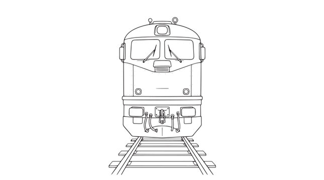 Minimalist train locomotive line art, front view of electric train on tracks, modern railway transport vector illustration