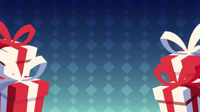 Two festive gift boxes with red and white stripes and white ribbons animate on a blue diamond pattern background.