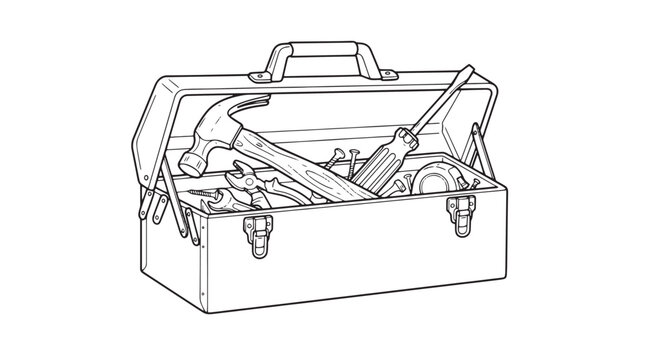 Vintage metal toolbox line art vector, open tool box with hammer and screwdriver, classic hand tools for home repair and construction