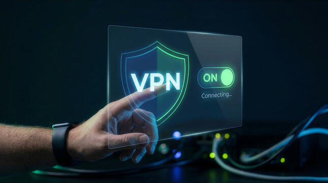 Hand touching holographic VPN shield connection icon
